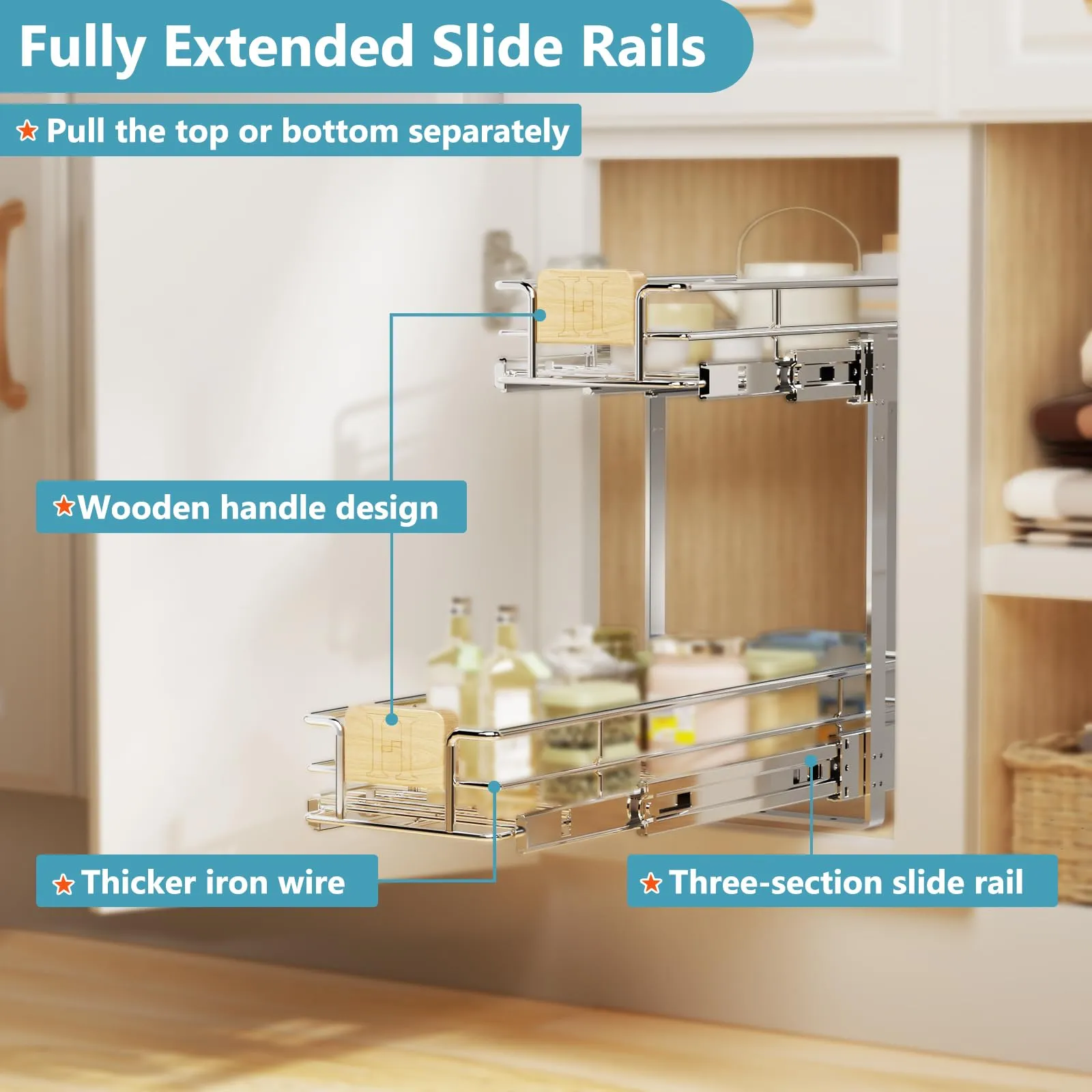 2 Tier Pull Out Drawers For Kitchen Cabinets with Wooden Handle