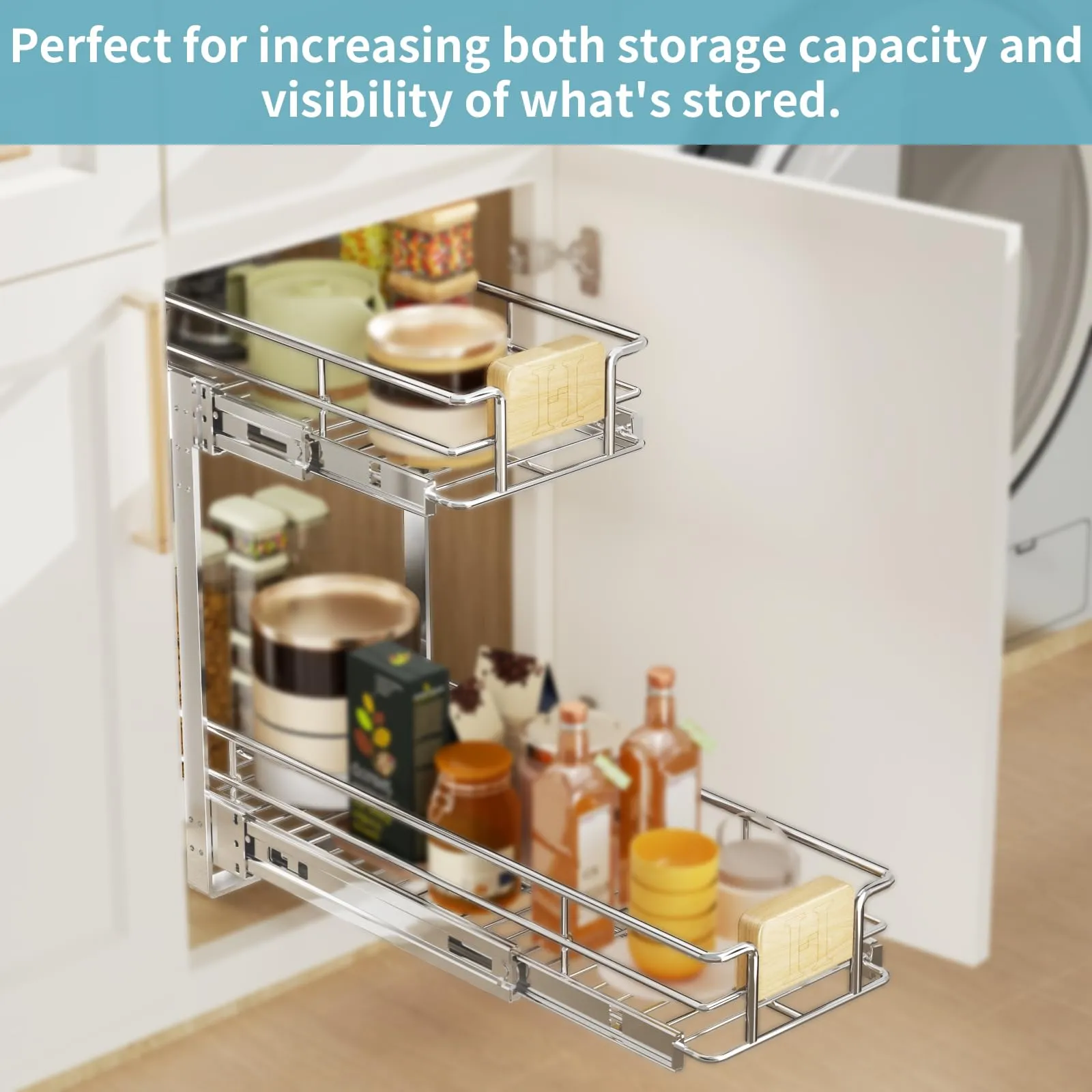 2 Tier Pull Out Drawers For Kitchen Cabinets with Wooden Handle