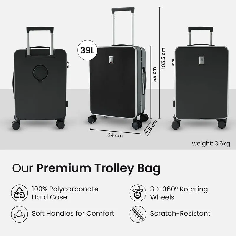 20 Inch Luggage Bag - Durable Polycarbonate Trolley | Cabin Size | 39 Liters | Black