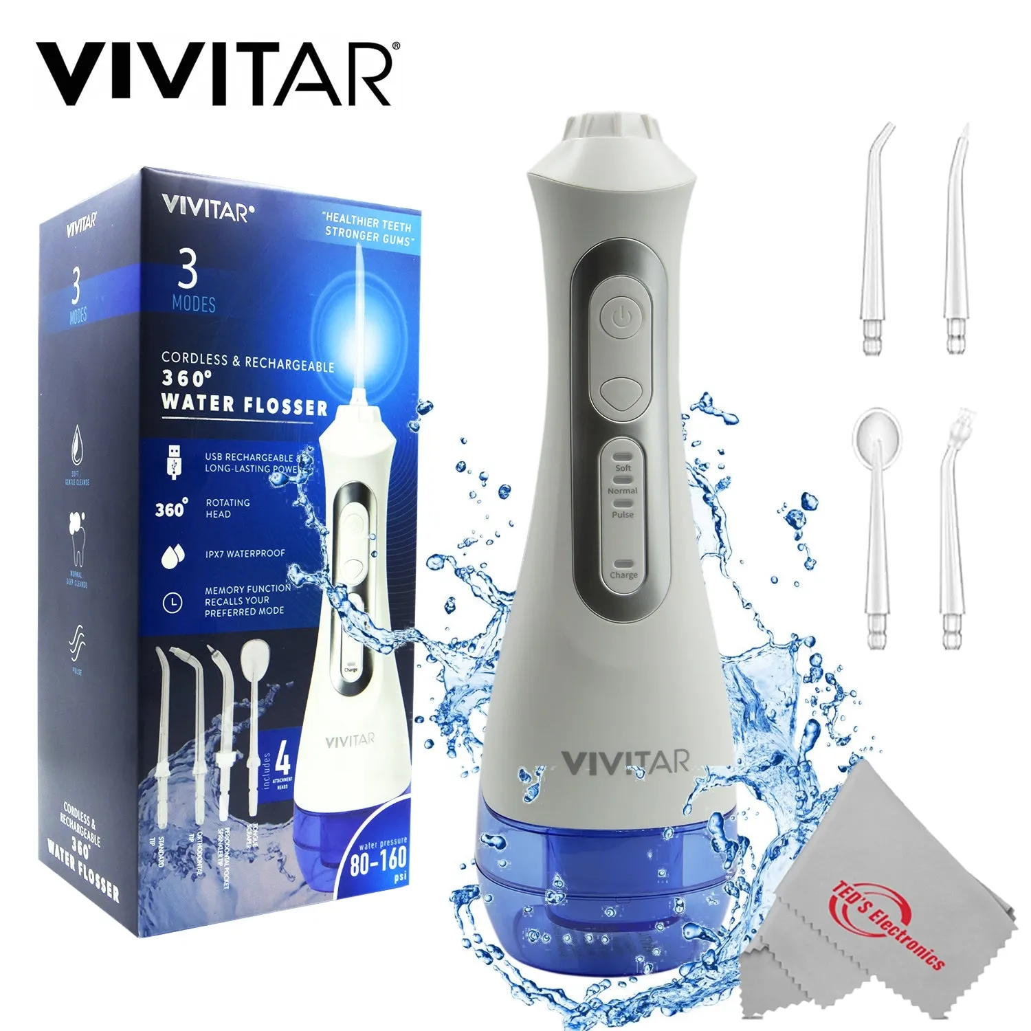 2x Vivitar Cordless & Rechargeable 360° Water Flosser 3 Modes and Memory Function with Heads