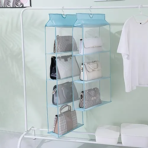 AARAINBOW 2 Packs Hanging Clear Handbag Purse Organizer for Closet, Handbag Organizer with Hook Purse Bag Organizer 4 Pockets Wardrobe Closet Space Saving Organizers, 47.2 H x 15.7Lx 6.3W (2 Gray)