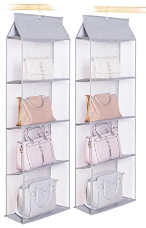 AARAINBOW 2 Packs Hanging Clear Handbag Purse Organizer for Closet, Handbag Organizer with Hook Purse Bag Organizer 4 Pockets Wardrobe Closet Space Saving Organizers, 47.2 H x 15.7Lx 6.3W (2 Gray)