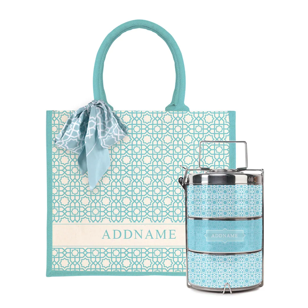 Annas Series -Sky Blue Half Lining Jute Bag with Tiffin Carrier