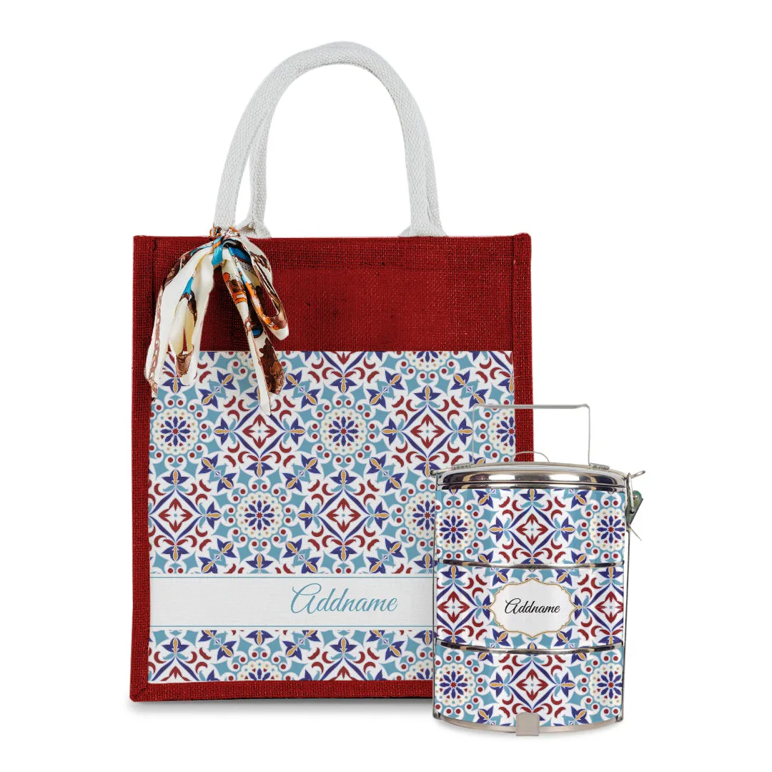 Arabesque Agean Blue Colourful Jute Bag with Tiffin Carrier Set