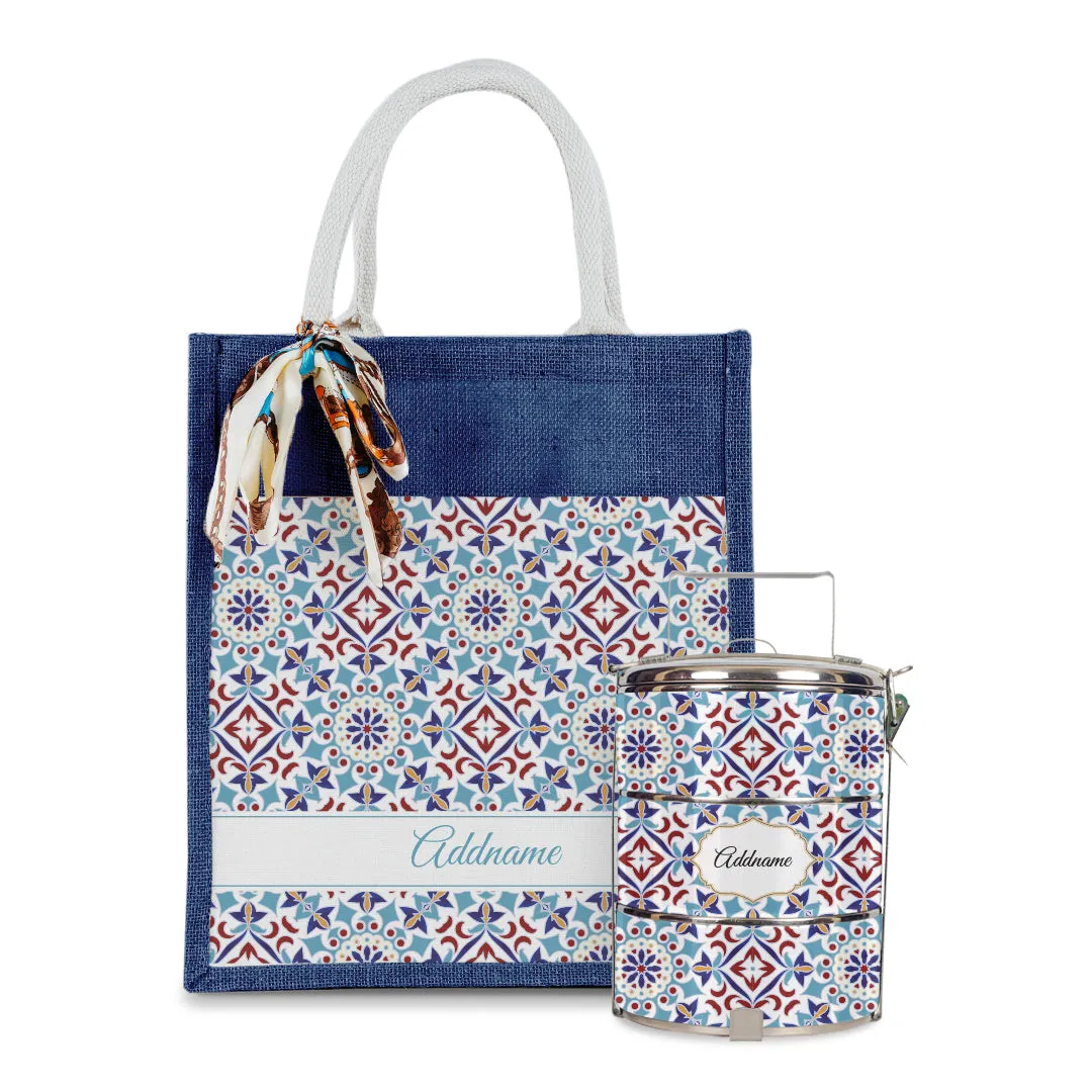 Arabesque Agean Blue Colourful Jute Bag with Tiffin Carrier Set