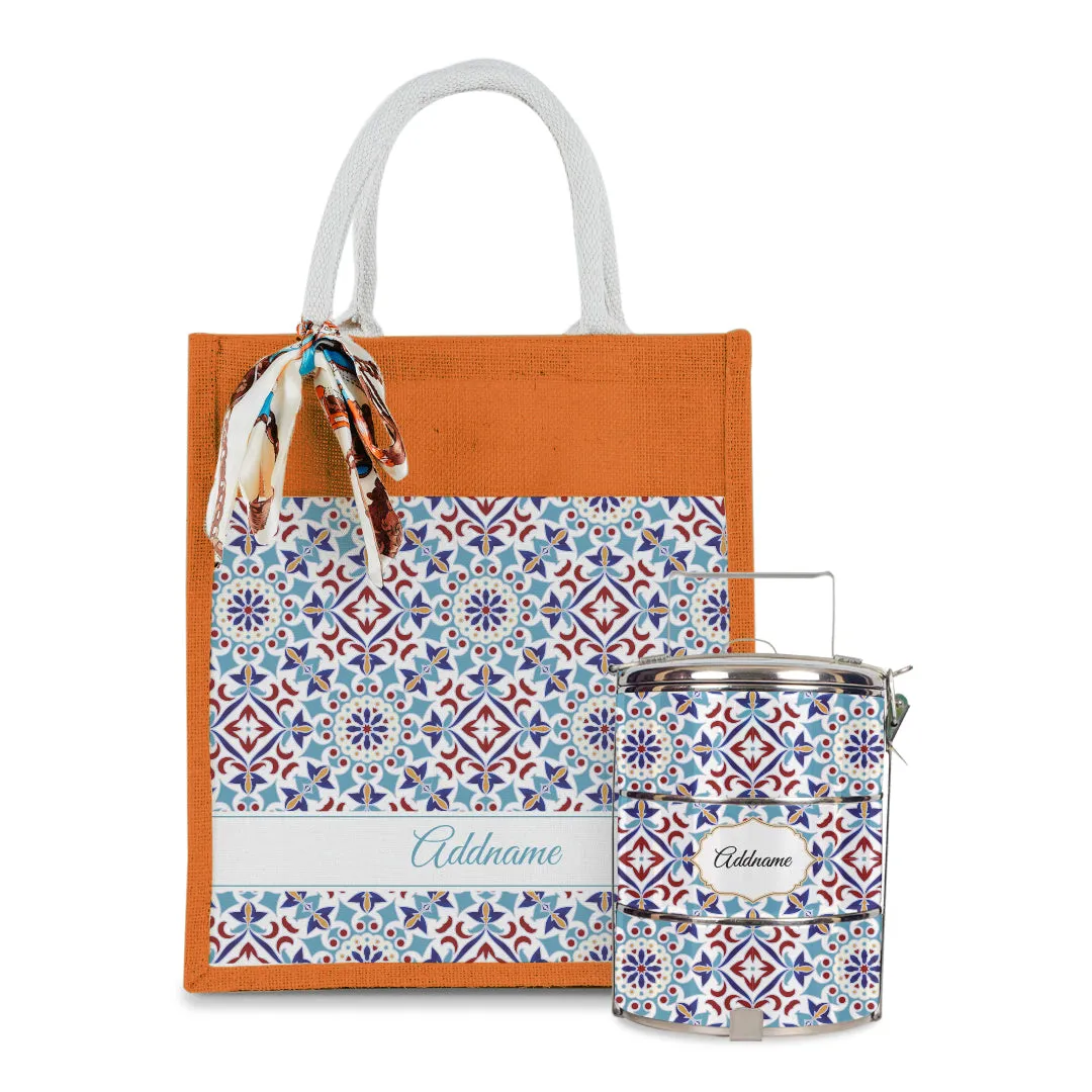 Arabesque Agean Blue Colourful Jute Bag with Tiffin Carrier Set