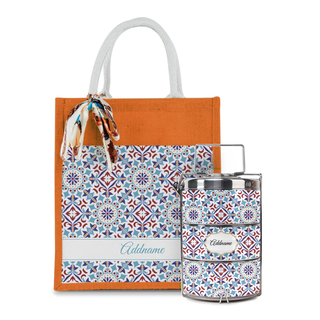 Arabesque Agean Blue Colourful Jute Bag with Tiffin Carrier Set