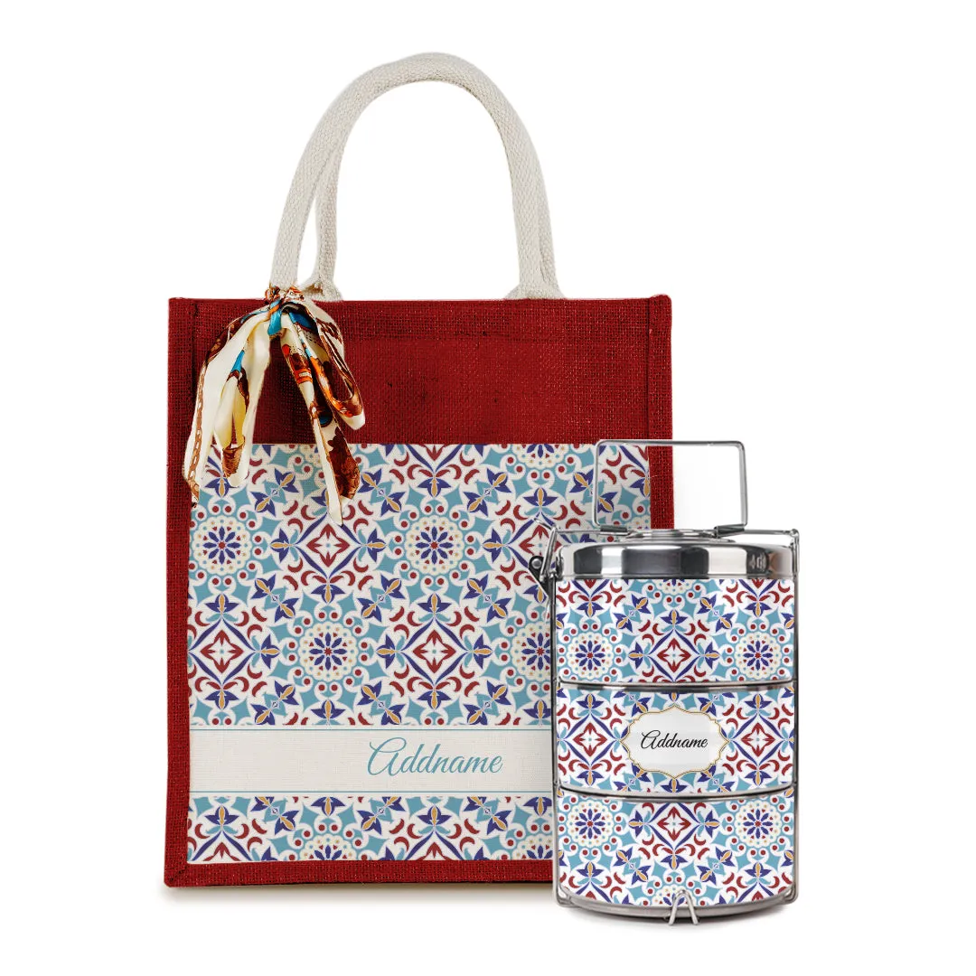 Arabesque Agean Blue Colourful Jute Bag with Tiffin Carrier Set