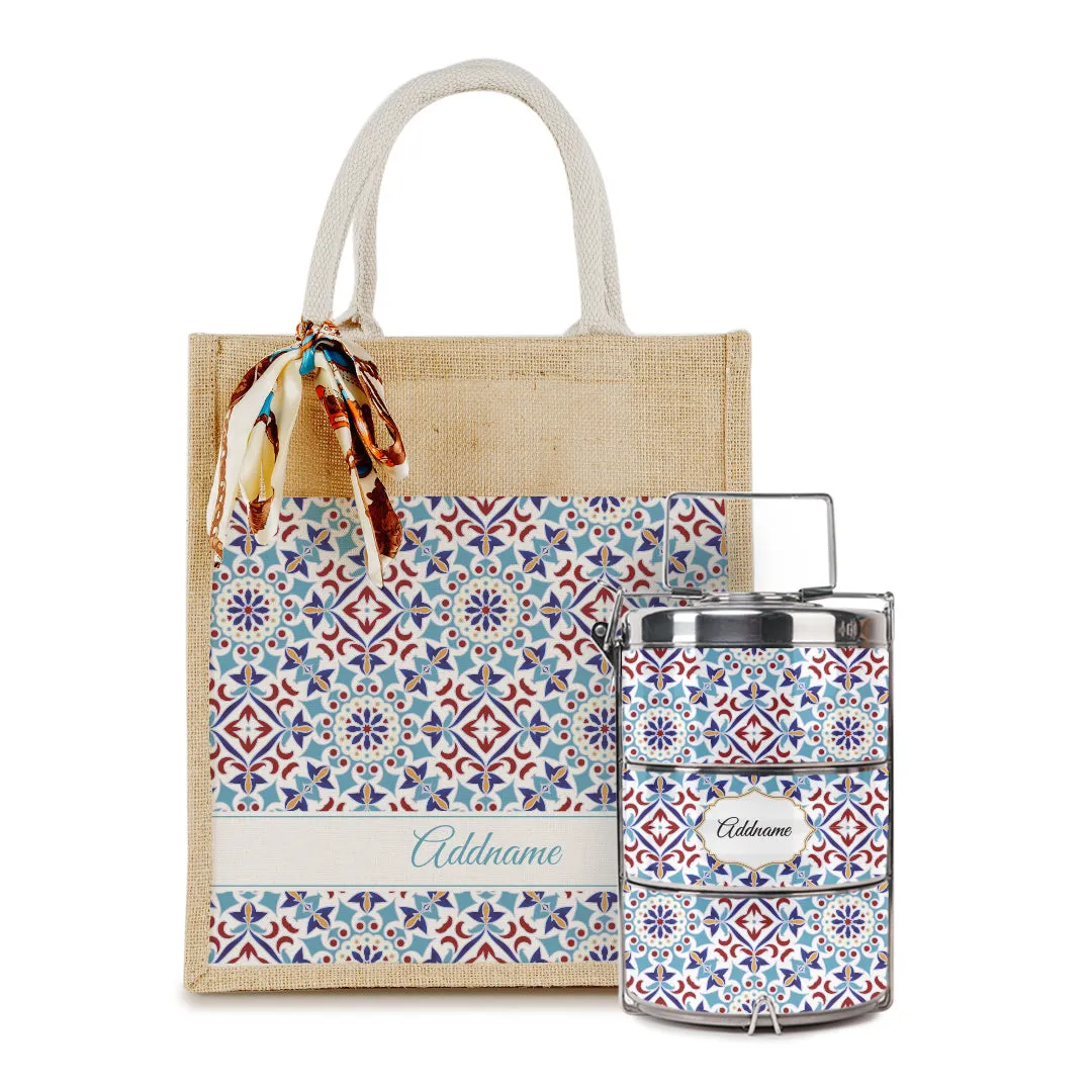 Arabesque Agean Blue Colourful Jute Bag with Tiffin Carrier Set