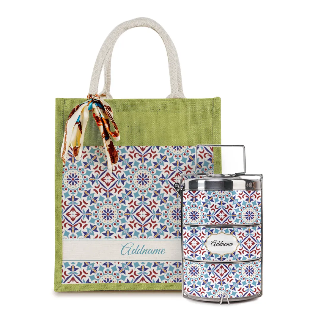 Arabesque Agean Blue Colourful Jute Bag with Tiffin Carrier Set