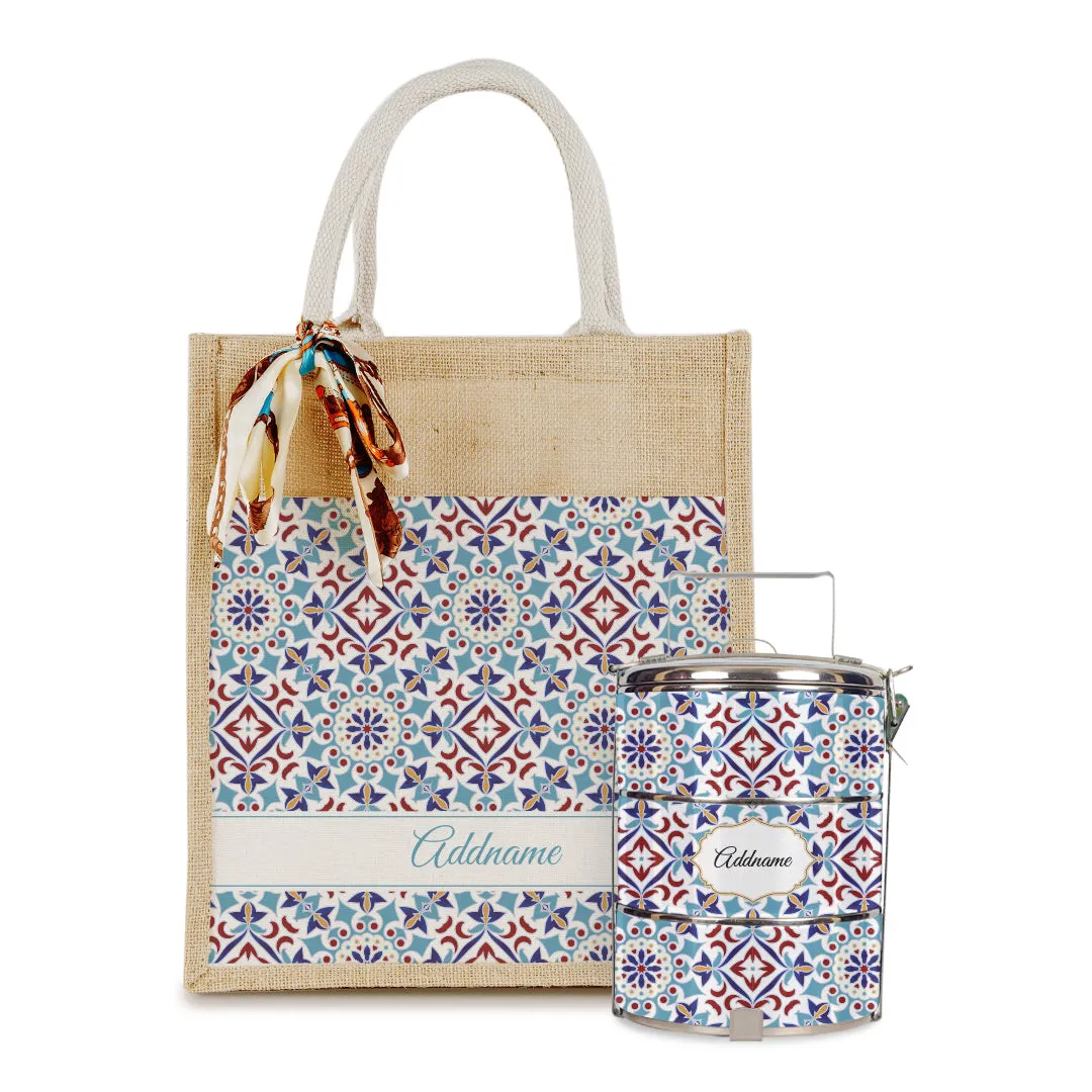 Arabesque Agean Blue Colourful Jute Bag with Tiffin Carrier Set