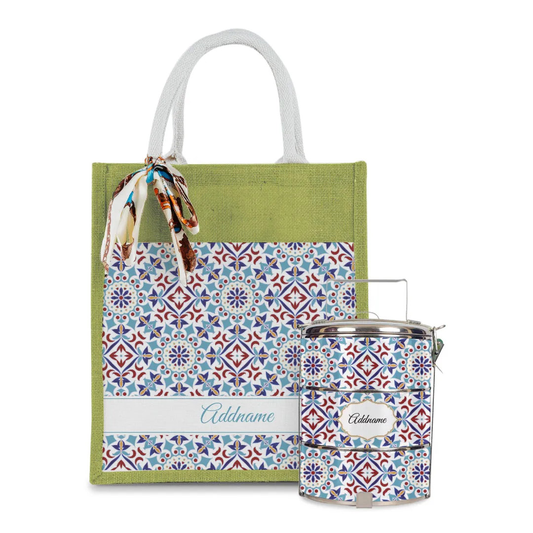 Arabesque Agean Blue Colourful Jute Bag with Tiffin Carrier Set