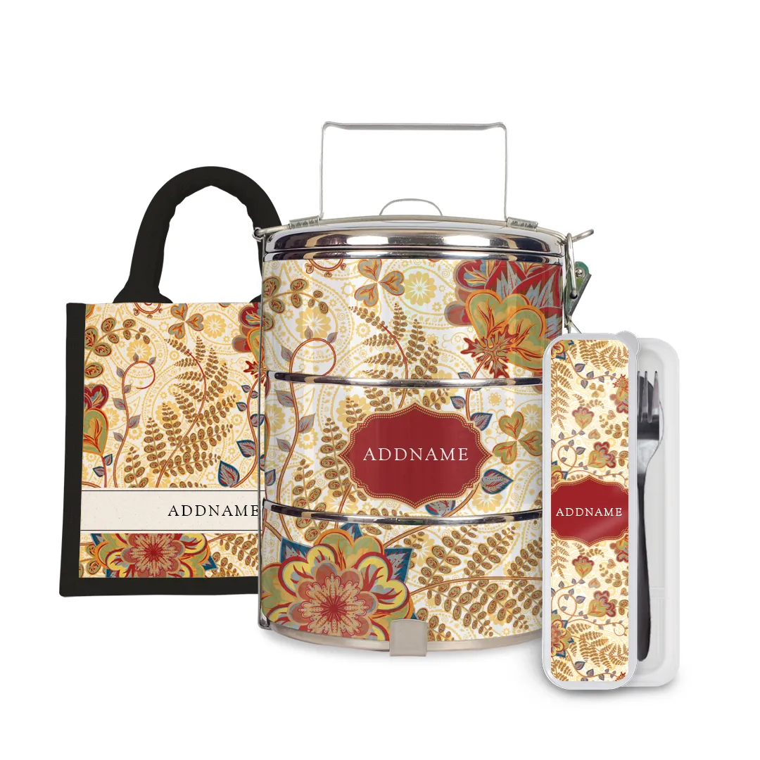 Batik Series - Mawar Half Lining Lunch Bag, Tiffin Carrier and Cutlery Set