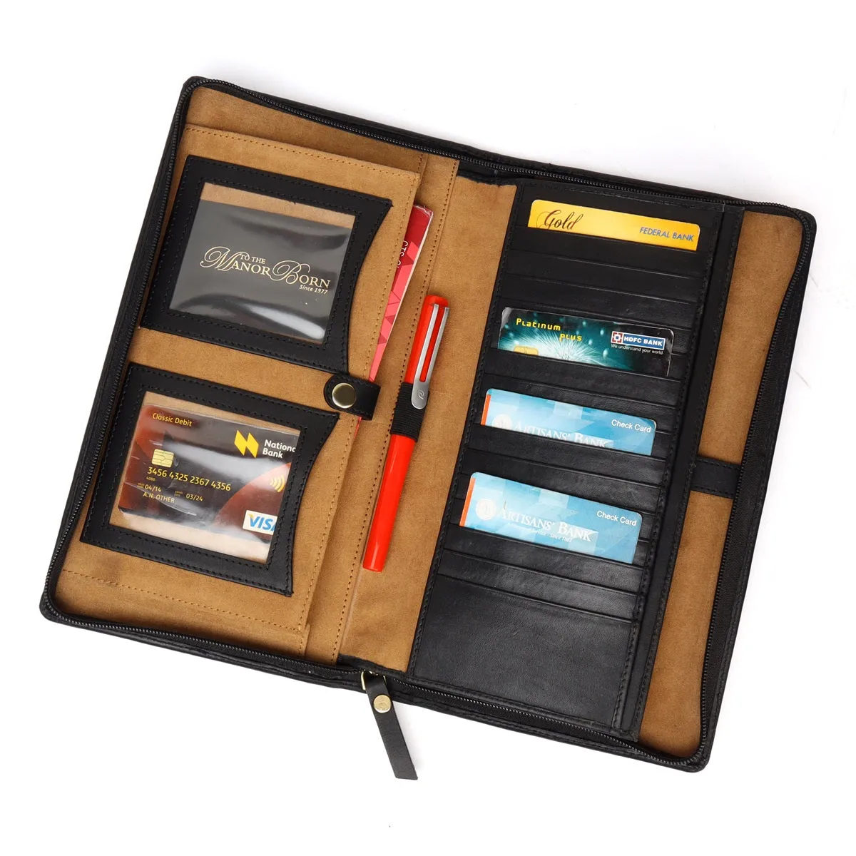 Black Bi-Fold Multi pockets Document Holder with zip Closure By Brune & Bareskin