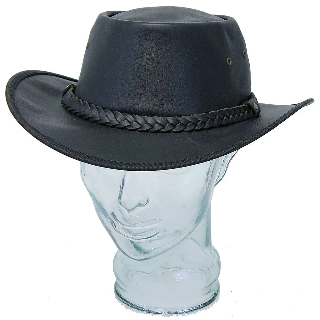 Black Crushable leather Outback Hat #H92310K