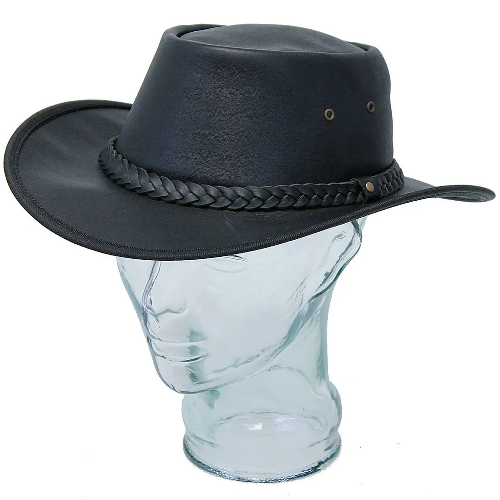 Black Crushable leather Outback Hat #H92310K