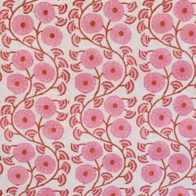 Block Printed Indian Cotton  - Flowers and Vines in Pink