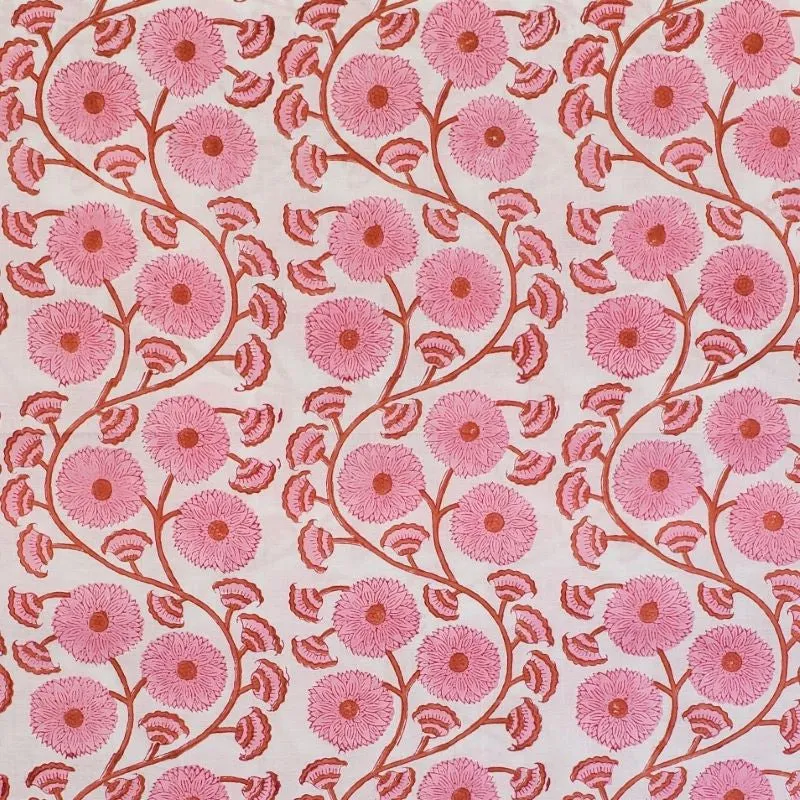 Block Printed Indian Cotton  - Flowers and Vines in Pink