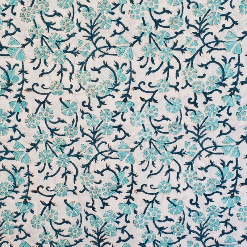 Block Printed Indian Cotton  - Vines in Teal