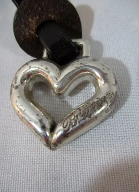 BRIGHTON Silver Leather Hangtag Keychain Keyring Charm Heart Dangle Jewel