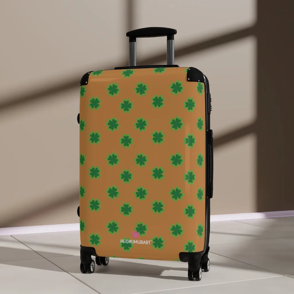 Brown Clover Print Suitcases, Irish Style St. Patrick's Day Designer Suitcase Luggage (Small, Medium, Large)