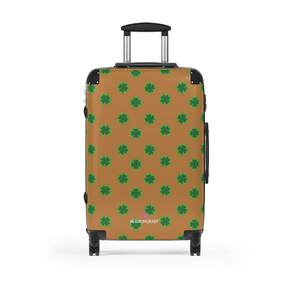 Brown Clover Print Suitcases, Irish Style St. Patrick's Day Designer Suitcase Luggage (Small, Medium, Large)