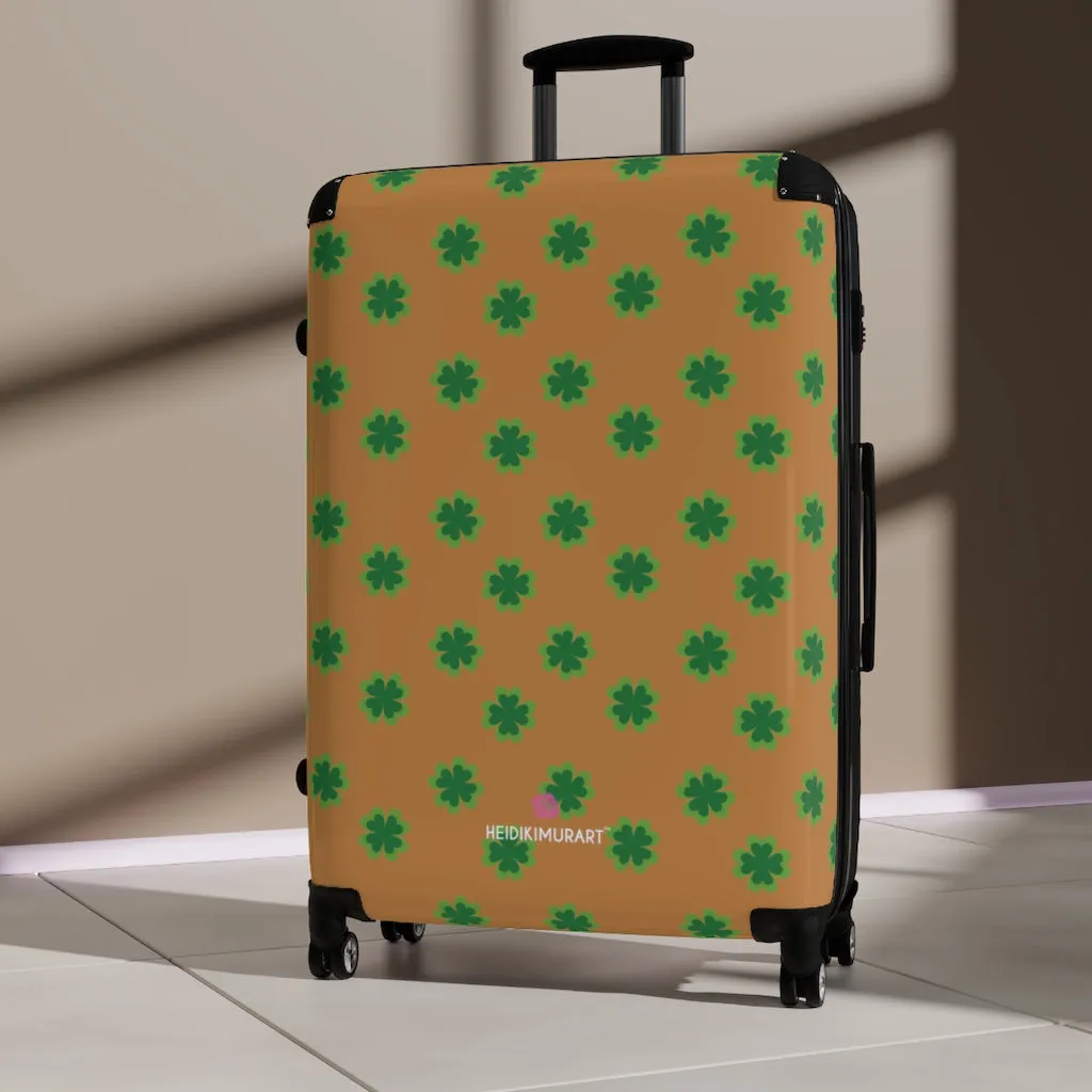 Brown Clover Print Suitcases, Irish Style St. Patrick's Day Designer Suitcase Luggage (Small, Medium, Large)