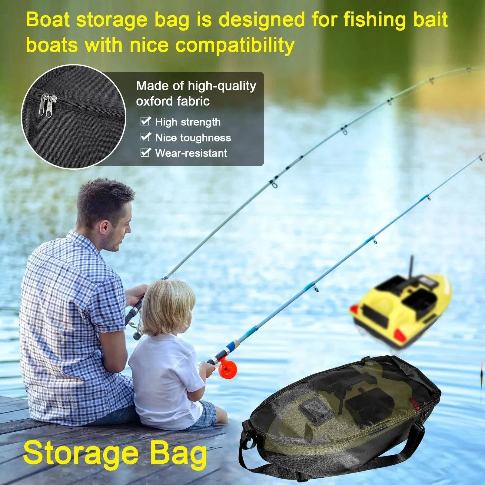 Carry Bag for Fishing Bait Boat Wear Resistant Oxford Fabric Storage Bag Handbag with Side Pouch Zipper Fishing Accessories