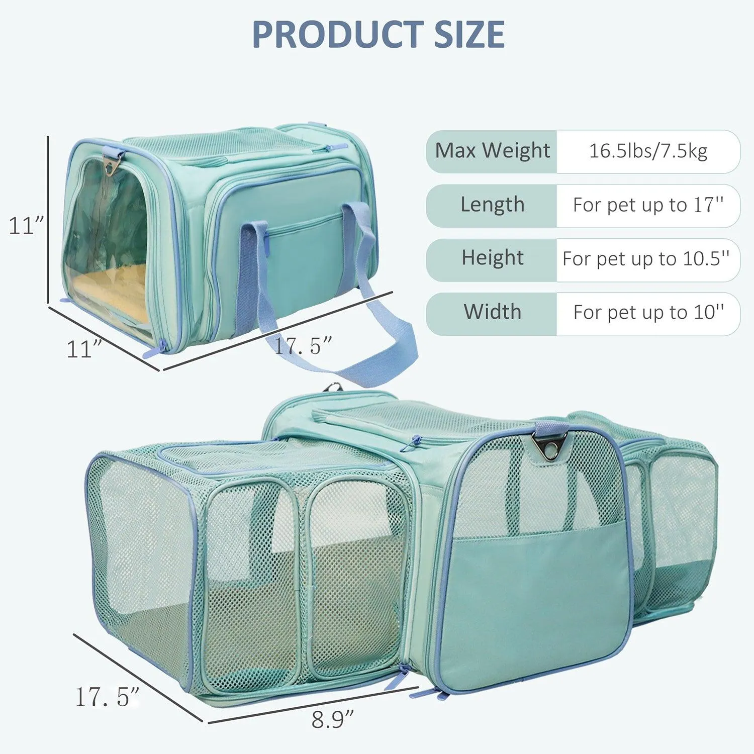 Cupets Double Expandable Airline Approved Soft Sided Pet Carrier, Mint Green