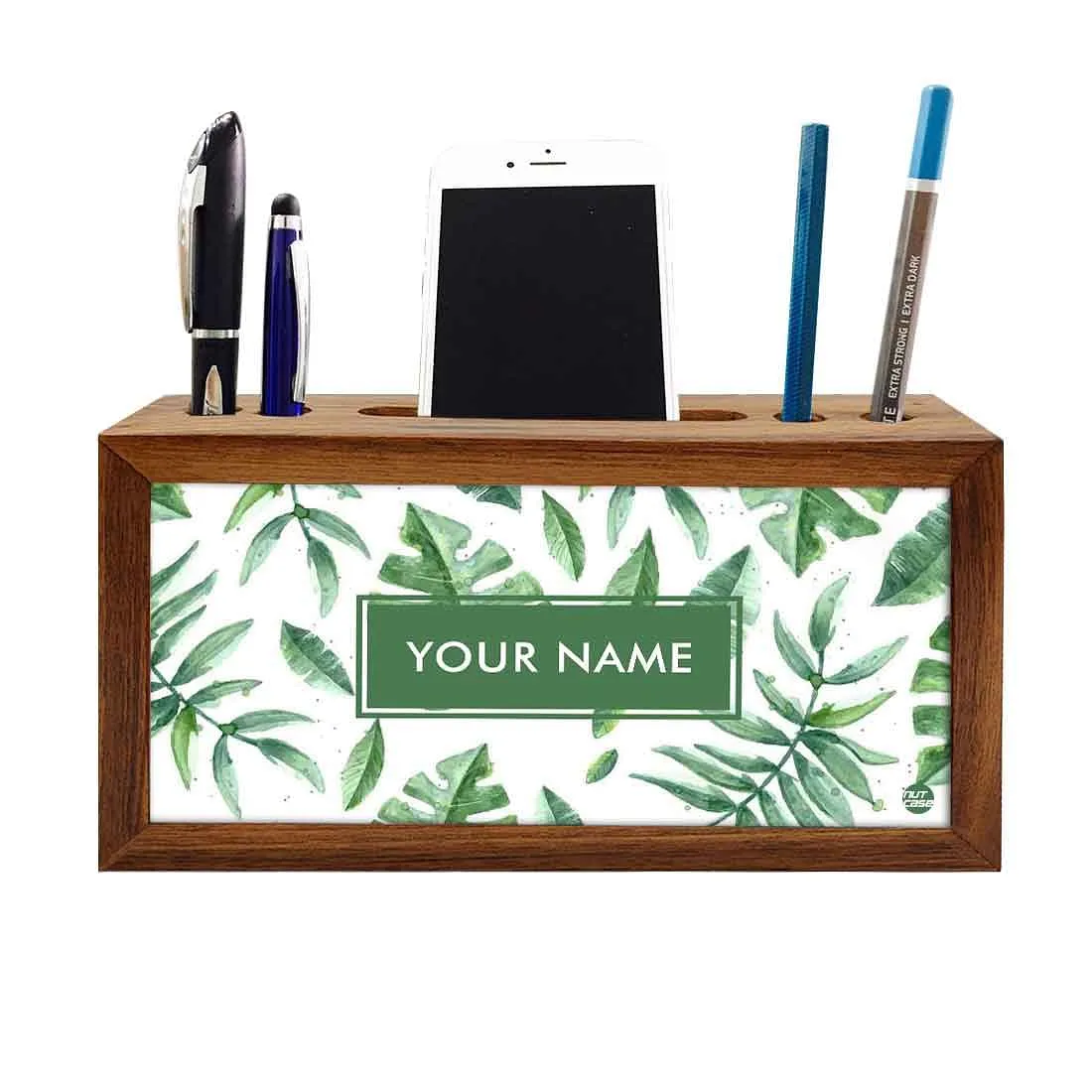 Custom-Made Wood desk top organizer - Tropical Leaves