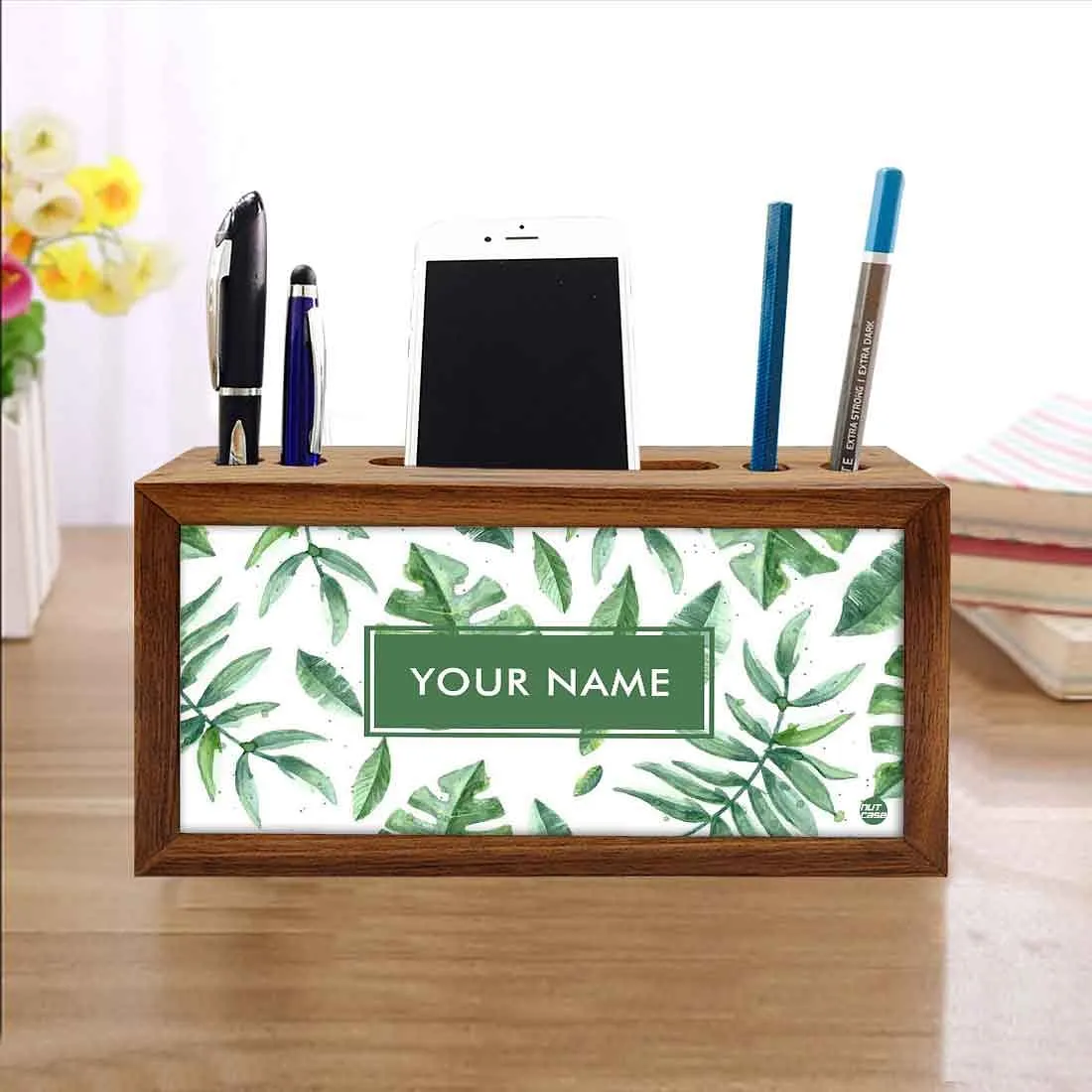 Custom-Made Wood desk top organizer - Tropical Leaves