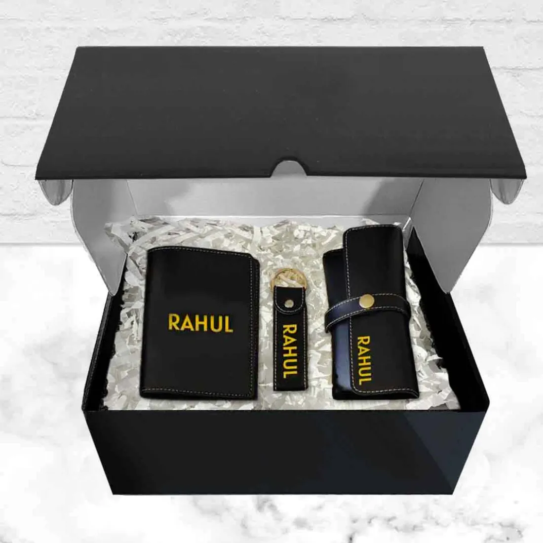 Customized Gift Box with Passport Cover Custom Keychains and Specs Sunglass Holder Cover