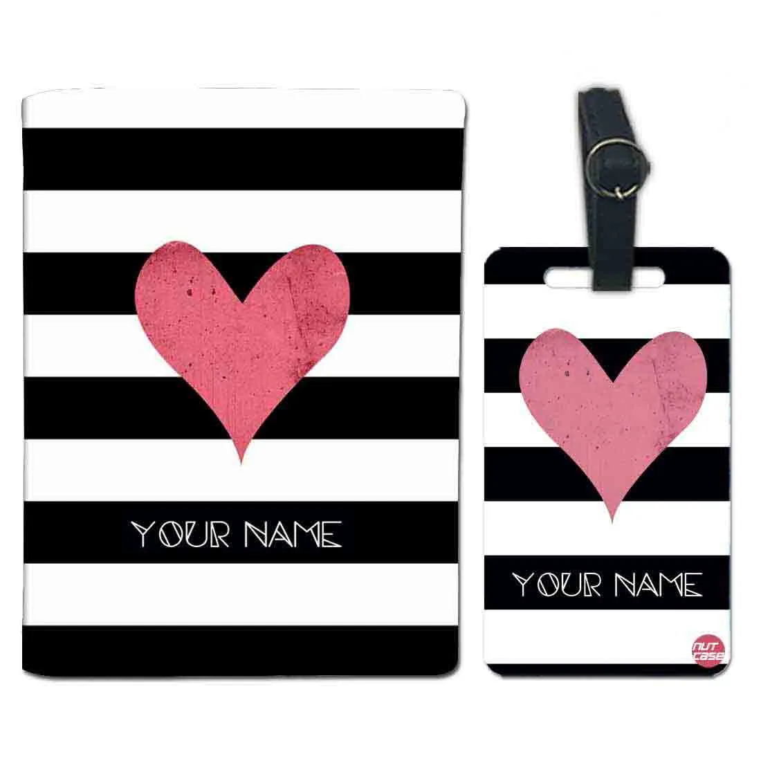 Customized Passport Cover and Baggage Tag Set - Pink Heart with Black Strips