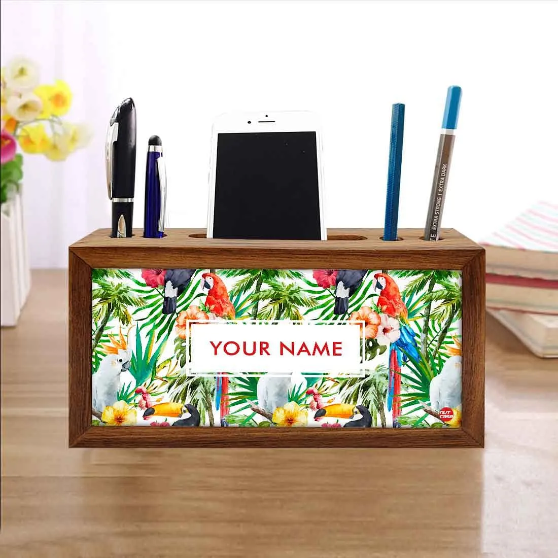 Customized Solid Wood desk organizer - Leaves with White Parrot