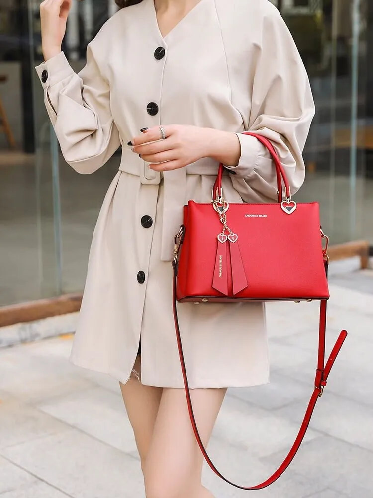 Cute Red Minimalist Solid Color Luxury Genuine Leather Handle Handheld Handbag for Women, Shoulder Bag, Crossbody Bag, Messenger Bag