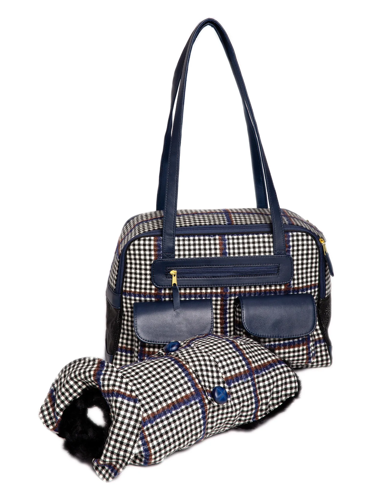 Dog Carrier - Winter - Blue, Brown & Black Wool Plaid Carrier