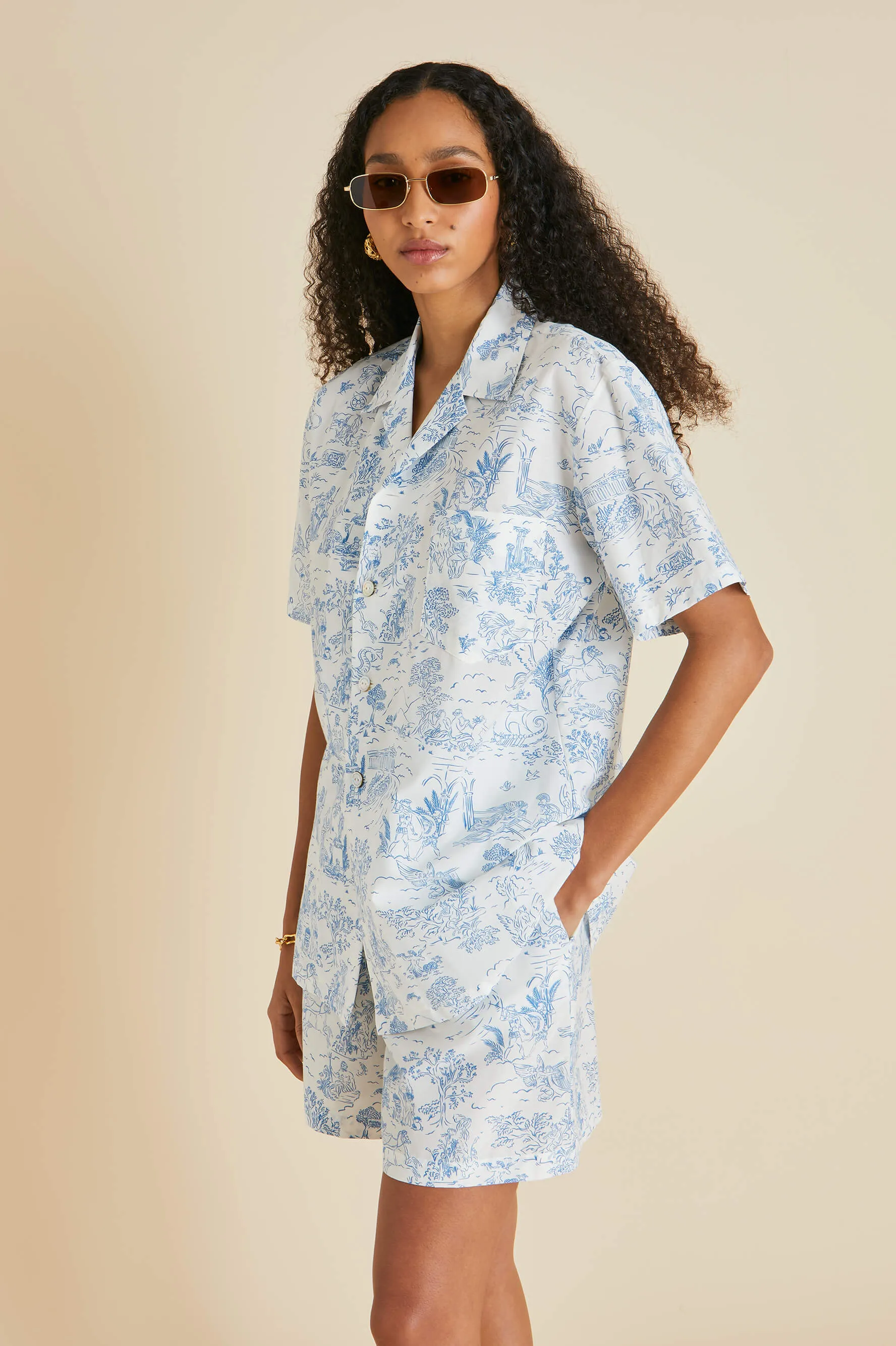 Emeli Eros Ivory Toile de Jouy Pajamas in Cotton-Silk