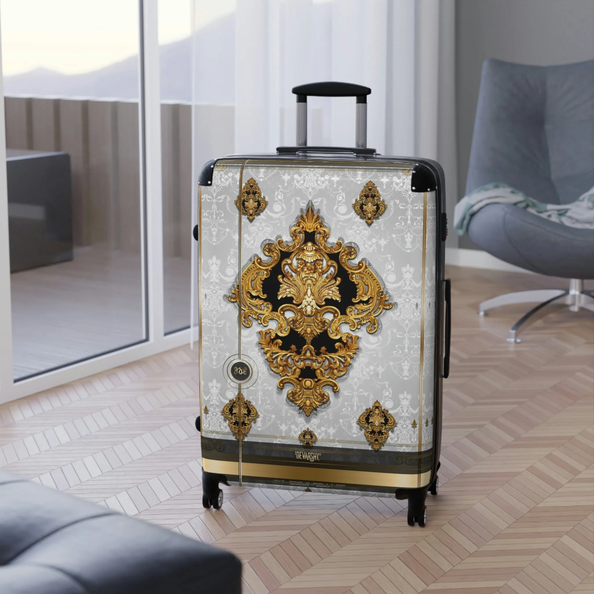 Gold Medallion Suitcase 3 Sizes Carry-on Suitcase Baroque Luggage White Hard Shell Suitcase with Wheels  | XTQ1003B