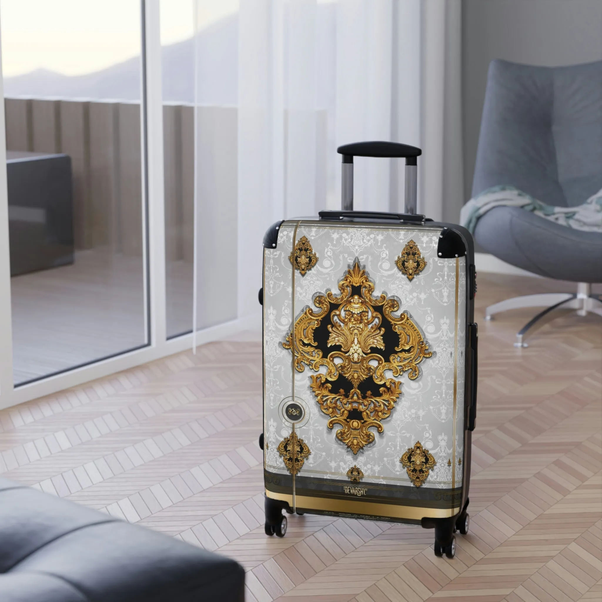 Gold Medallion Suitcase 3 Sizes Carry-on Suitcase Baroque Luggage White Hard Shell Suitcase with Wheels  | XTQ1003B