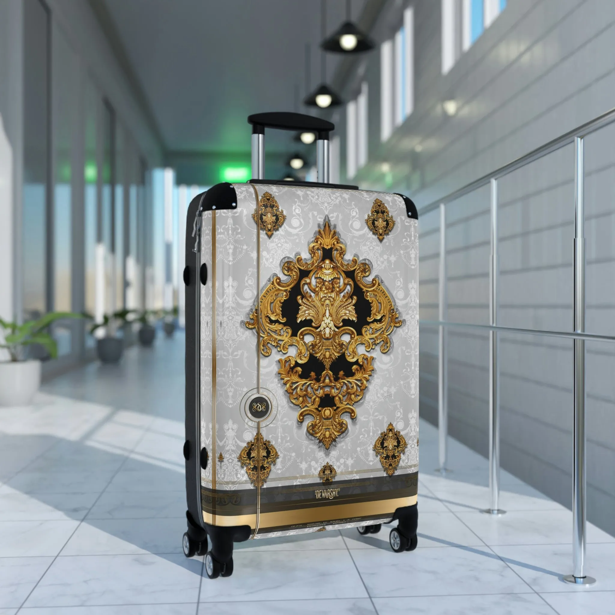 Gold Medallion Suitcase 3 Sizes Carry-on Suitcase Baroque Luggage White Hard Shell Suitcase with Wheels  | XTQ1003B