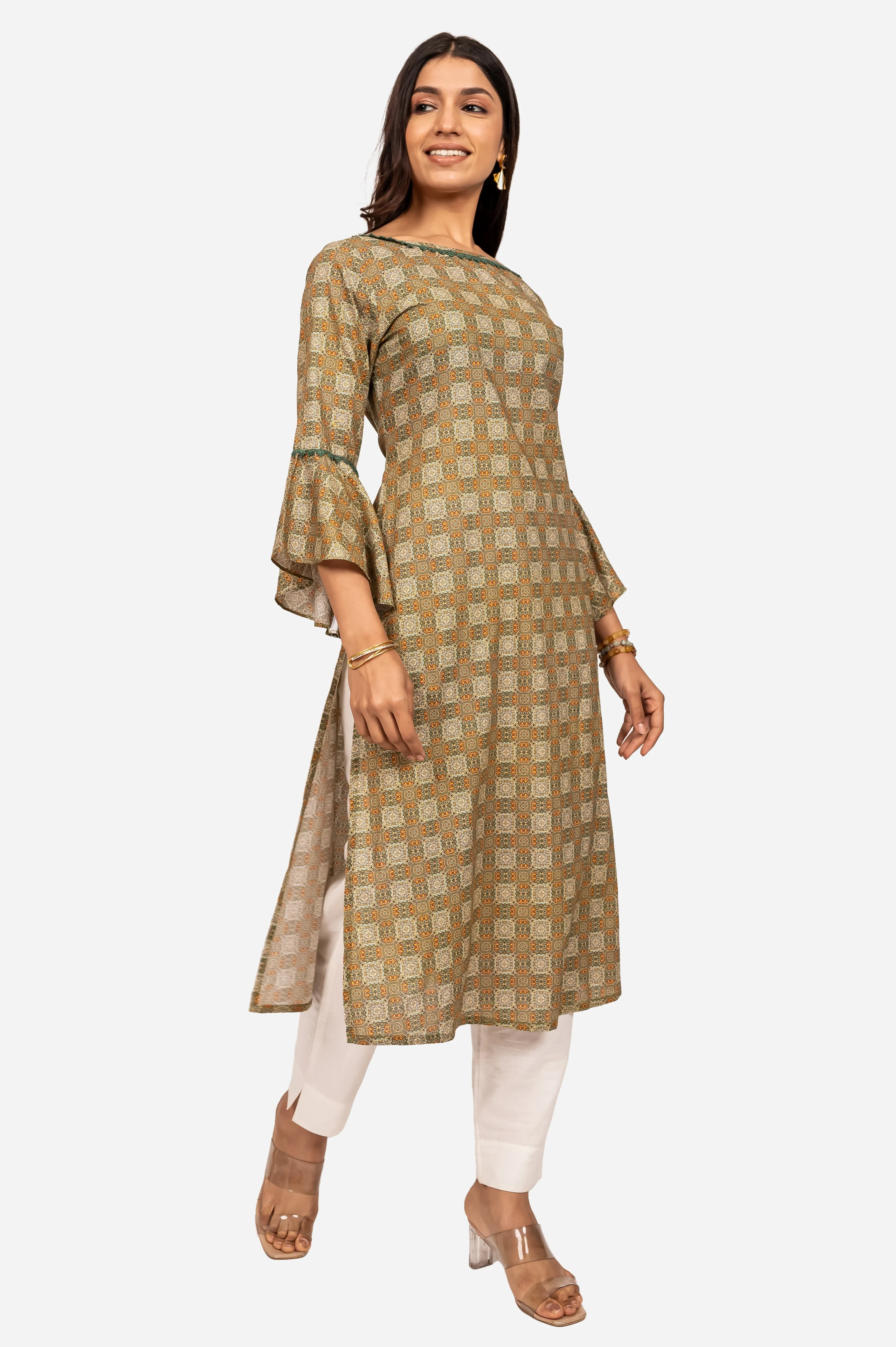 Green-Colored 3/4 Sleeves Cotton Kurta