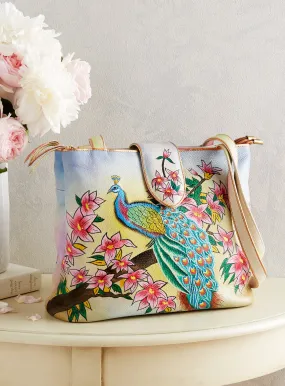 Hand-painted Leather Peacock Tote Bag FINAL SALE (No Returns)