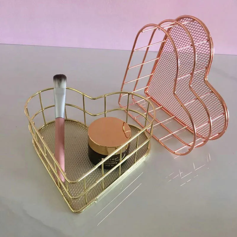 Iron Storage Basket Desktop Heart-shaped Rose Gold Finishing Creative