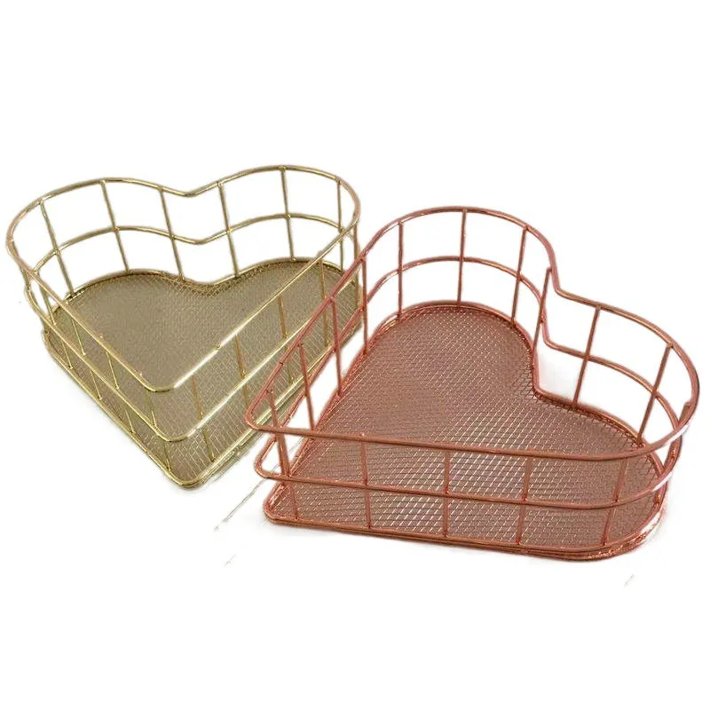 Iron Storage Basket Desktop Heart-shaped Rose Gold Finishing Creative