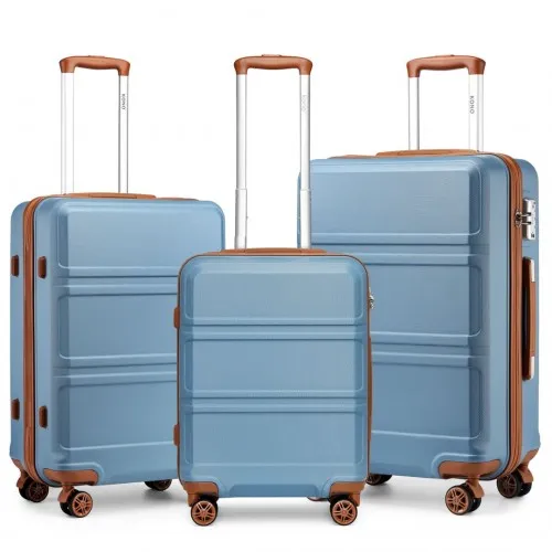 Kono ABS Sculpted Horizontal Design 3 Piece Suitcase Set - Grayish Blue and Brown