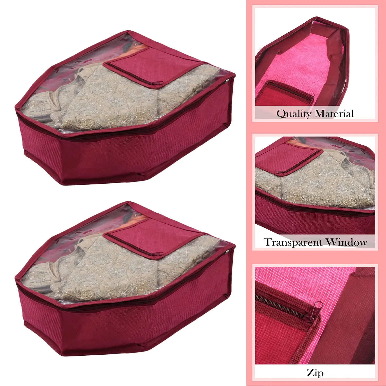 Kuber Industries Blouse Cover | Non Woven Foldable Wardrobe Organizer For Woman | Cloth Organizer Top Transparent & One Small Pocket | Pack of 3 | Maroon