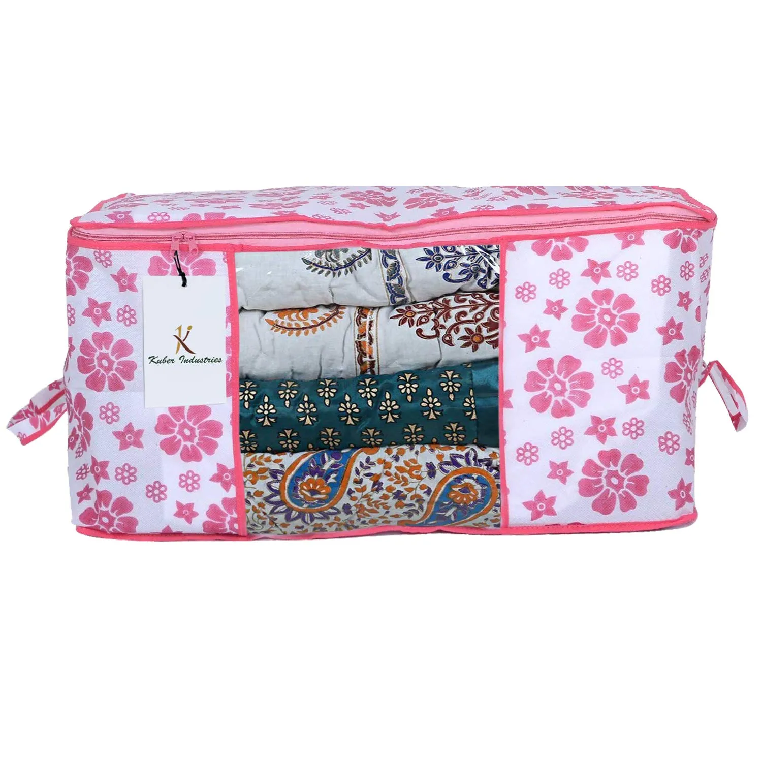 Kuber Industries Flower Printed Non Woven 6 Pieces Saree Cover and 6 Pieces Underbed Storage Bag, Cloth Organizer for Storage, Blanket Cover Combo Set (Pink) -CTKTC38617