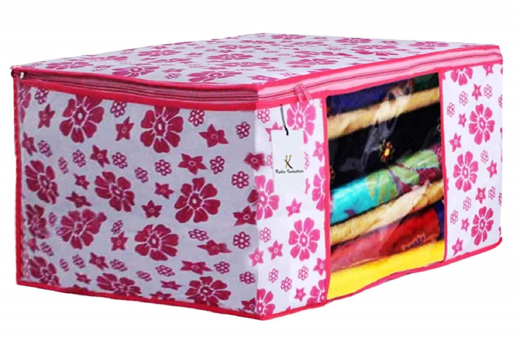 Kuber Industries Flower Printed Non Woven 6 Pieces Saree Cover and 6 Pieces Underbed Storage Bag, Cloth Organizer for Storage, Blanket Cover Combo Set (Pink) -CTKTC38617