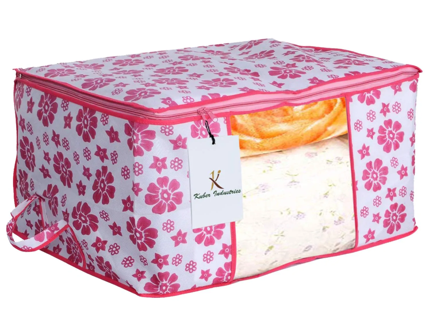 Kuber Industries Flower Printed Non Woven 6 Pieces Saree Cover and 6 Pieces Underbed Storage Bag, Cloth Organizer for Storage, Blanket Cover Combo Set (Pink) -CTKTC38617