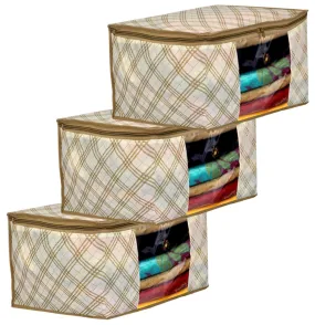 Kuber Industries Metalic Checkered Print Non-woven Foldable Saree Cover|Storage Bag/Wardrobe Organizer|Zipper Closer With Transparent Window|Size 46 x 32 x 22 CM|Pack of 3 (Ivory)-KUBMART16504, cotton